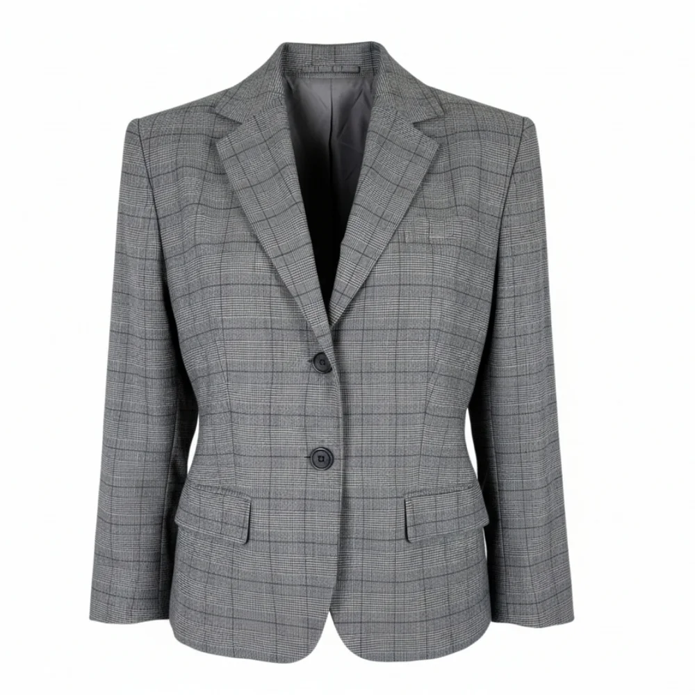 Tahari ASL Blazer Size 10 Gray Black Purple Glen Plaid Flap Pockets 2 Button